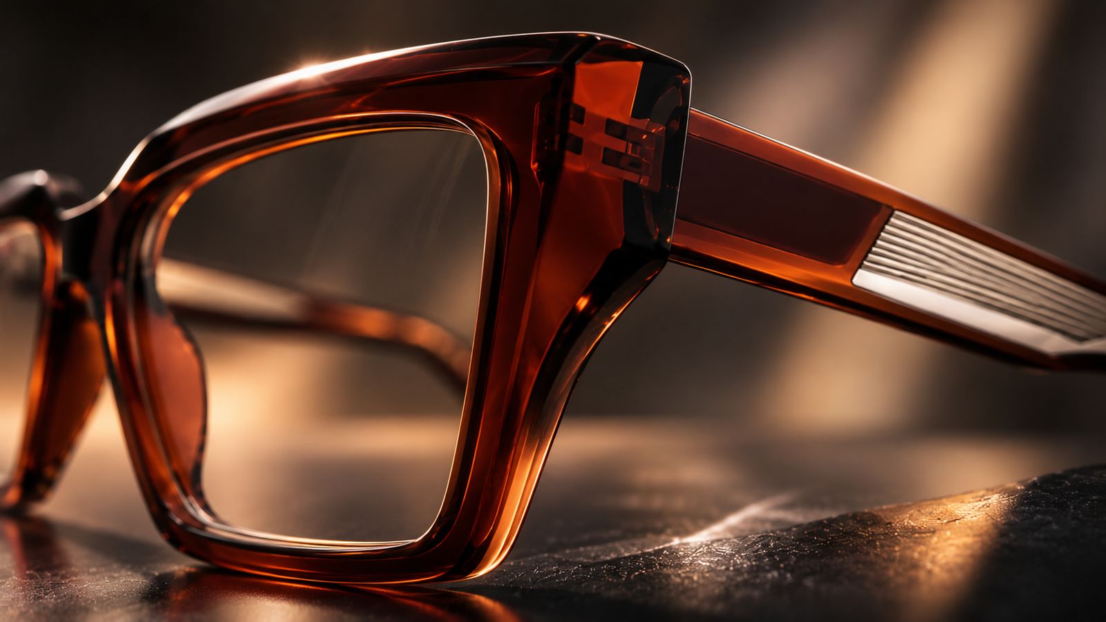 Close-up of an amber tortoiseshell eyeglass frame in warm light